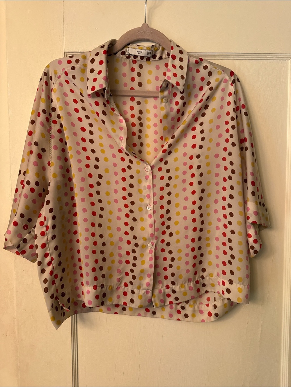 Mango Cream Button-Down Blouse with Multicolor Polka Dots